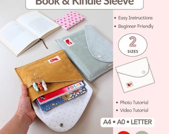 Patrón de costura fácil para principiantes para fundas de libros, tutorial en vídeo para fundas de Kindle, dos tamaños.