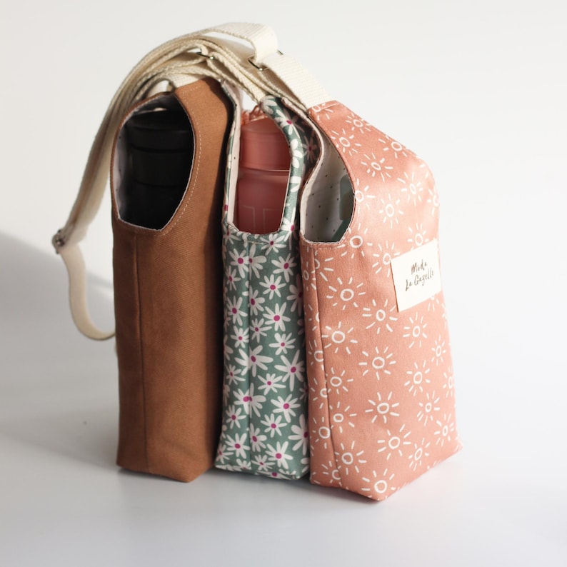 Bottle carrier bag sewing pattern layout, printable PDF pieces and beginner-friendly instructions