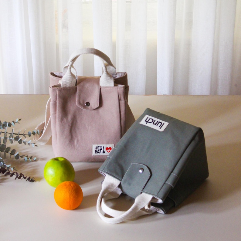 Minimalist lunch bag pattern in earthy tones, perfect for modern sewing projects.
