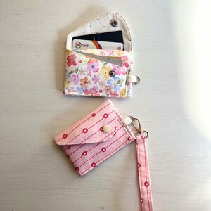 Easy beginner sewing project for slim card wallet with keyring tab.