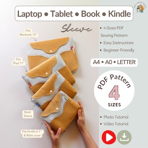 Può includere: Quattro custodie in tessuto azzurro e beige con patte smerlate e chiusure a scatto, disposte in pila. Il testo include Laptop, Tablet, Book, Kindle, 4 Sizes PDF Sewing Pattern, Easy Instructions, Beginner Friendly, A4, A0, LETTER e PDF Pattern 4 Sizes.