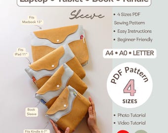 Patrón de costura para funda de libros, funda para Kindle, Biblia, iPad y MacBook, 4 tamaños.