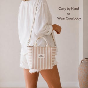 Mini tote bag pattern with inside zipper pocket and long strap detail