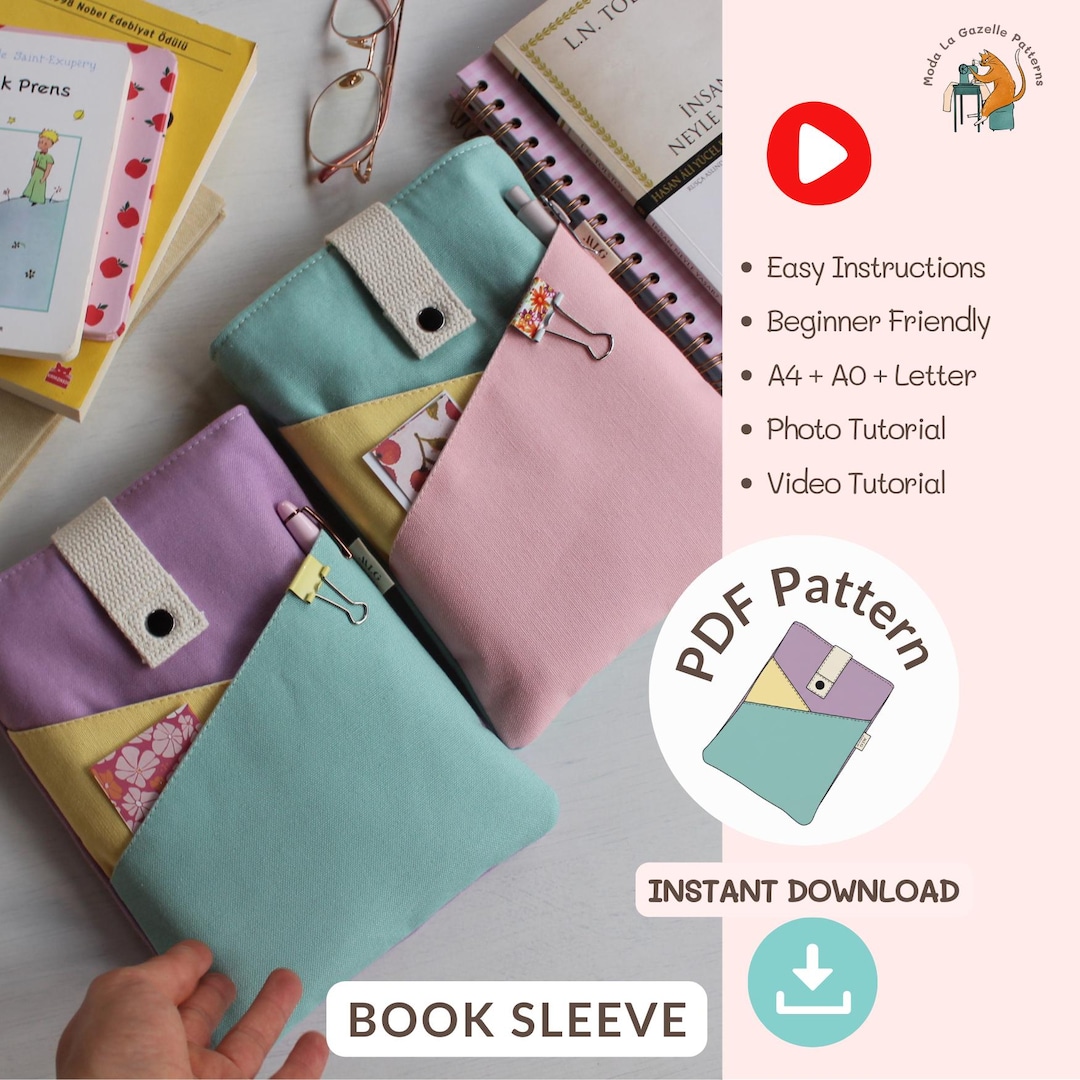Book Sleeve Sewing Pattern, Multi Pocket Book Cover, Beginner Tutorial ...
