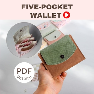 May include: A five-pocket wallet with a green corduroy flap and a brown canvas body. The image shows a close-up of the wallet, with a circular inset showing the interior pockets. The text "FIVE-POCKET WALLET" and "PDF Pattern" are also visible.