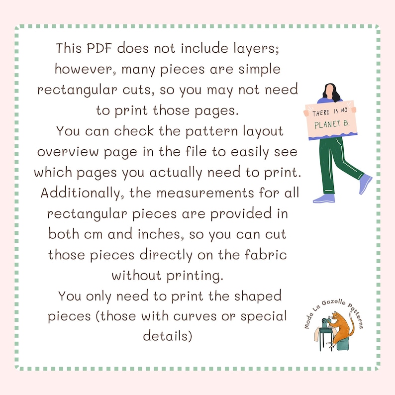 May include: A light pink digital pattern guide with text about rectangular cuts and measurements in inches and cm. A person holding a sign that says "THERE IS NO PLANET B" is walking. A cat is sewing.