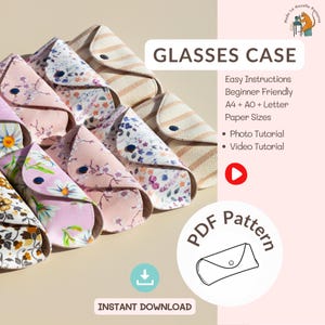 Może przedstawiać: Kolekcja materiałowych etui na okulary w różnych kwiatowych i wzorzystych wzorach. Etui zapinane są na guziki. Na zdjęciu widnieje napis "GLASSES CASE" i "PDF Pattern".