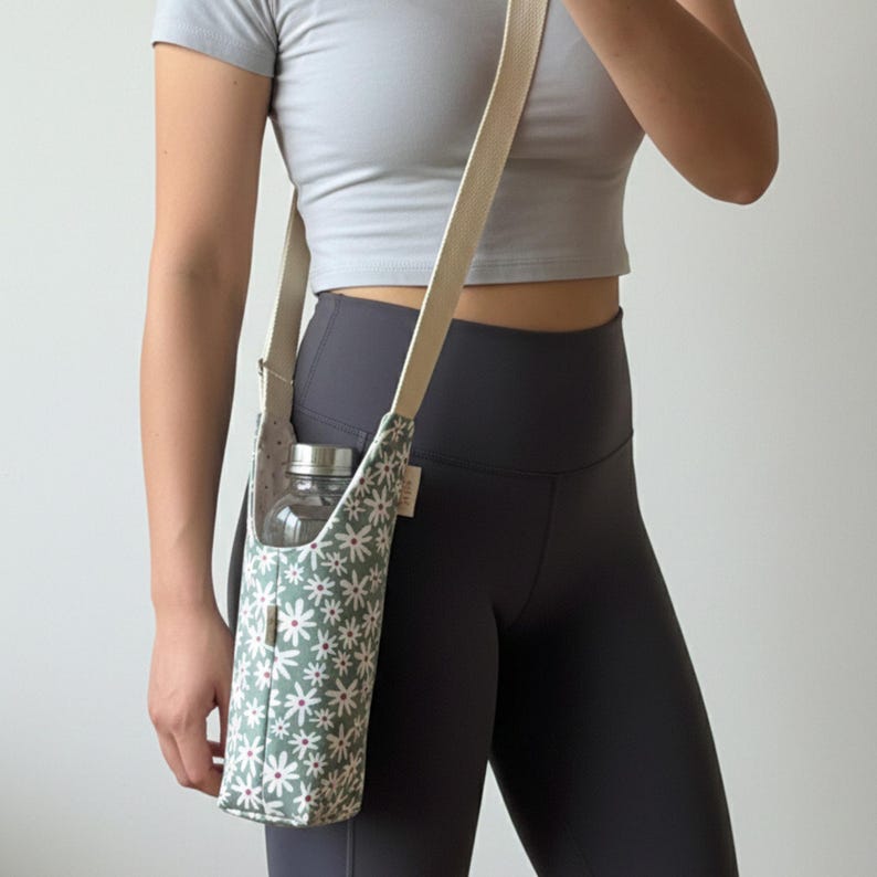 Water bottle bag sewing pattern worn crossbody, handmade fabric bottle carrier for everyday use