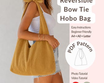 Patrón de costura en PDF para bolso hobo con pajarita reversible, ideal para principiantes, videotutorial para bolso tote.