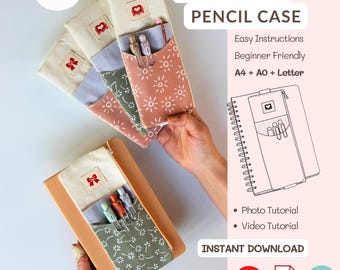 Patrón de costura para estuche de lápices (PDF), estuche elástico para lápices, ideal para principiantes, videotutorial