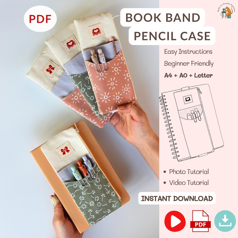 Notebook pen pouch sewing pattern PDF with elastic band for journal