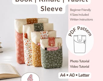 Patrón de costura para funda de libros (4 tamaños), funda para Kindle, bolsa para Biblia, tutorial en vídeo para funda de iPad.