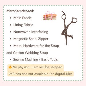 May include: A list of sewing materials needed, including fabric, interfacing, and hardware, with a watercolor illustration of fabric bundles and scissors. Text states "Materials Needed:" and lists items like "Main Fabric" and "Magnetic Snap, Zipper."