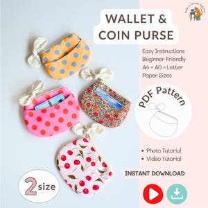 Puede incluir: Un patrón de costura PDF digital para una cartera y monedero, mostrado con cuatro ejemplos de tela: naranja con puntos azules, rosa con puntos rojos, un estampado floral y uno de cerezas. Cada monedero tiene un tirador de cremallera con lazo.