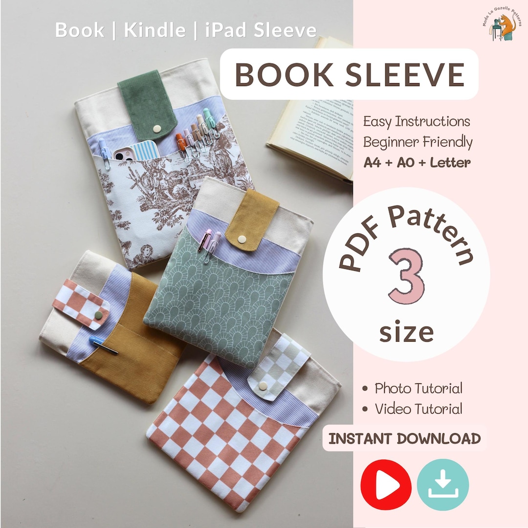 Book Sleeve Sewing Pattern PDF, 3 Sizes, Step-by-step Video, Bookish ...