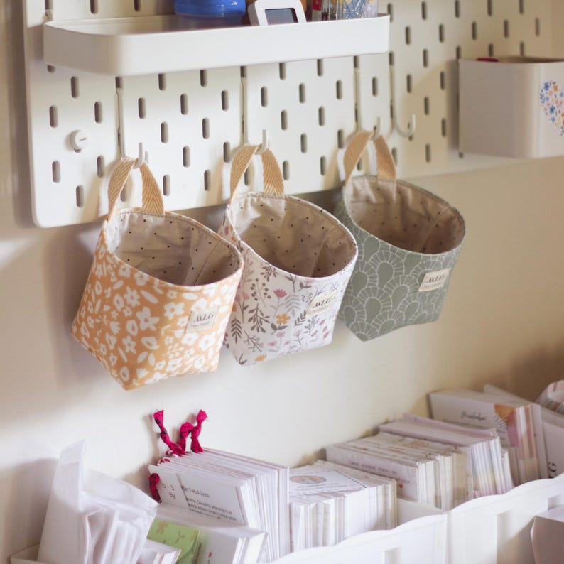 Sewing pattern for fabric desk organizer basket compatible with IKEA Skadis pegboard