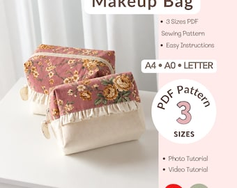 May include: Two makeup bags featuring a dusty rose floral print on the upper section, a cream-colored lower section, and a ruffled trim. Text includes Makeup Bag, 3 Sizes PDF Sewing Pattern, Easy Instructions, A4, A0, LETTER, PDF Pattern 3 SIZES, Photo Tutorial, and Video Tutorial.