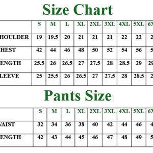 May include: A size chart with measurements for shoulders, chest, length, and sleeve, as well as waist and length for pants. Sizes range from S to 6XL. Measurements are in inches.