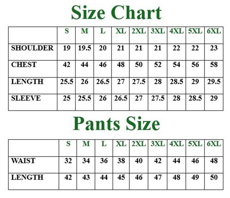 May include: A size chart with measurements for shoulders, chest, length, and sleeve, as well as waist and length for pants. Sizes range from S to 6XL. Measurements are in inches.