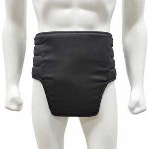 May include: Black protective garment designed to be worn around the waist and upper thighs. The garment is made of a padded material with horizontal stitching. The product is displayed on a white mannequin.