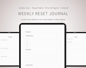 Weekly Reset Journal Planner | Undated Reflection Pages, Self Care (Printable PDF)