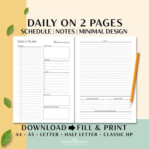 Daily Focus Planner, afdrukbaar op 2 pagina's, minimalistisch productiviteitsblad, planning en notities, taken, A4 A5 US Letter, pdf direct download