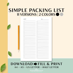 Minimalist Packing Checklist Printable & Digital Set for Travel Moving College and Vacation Planning Digital