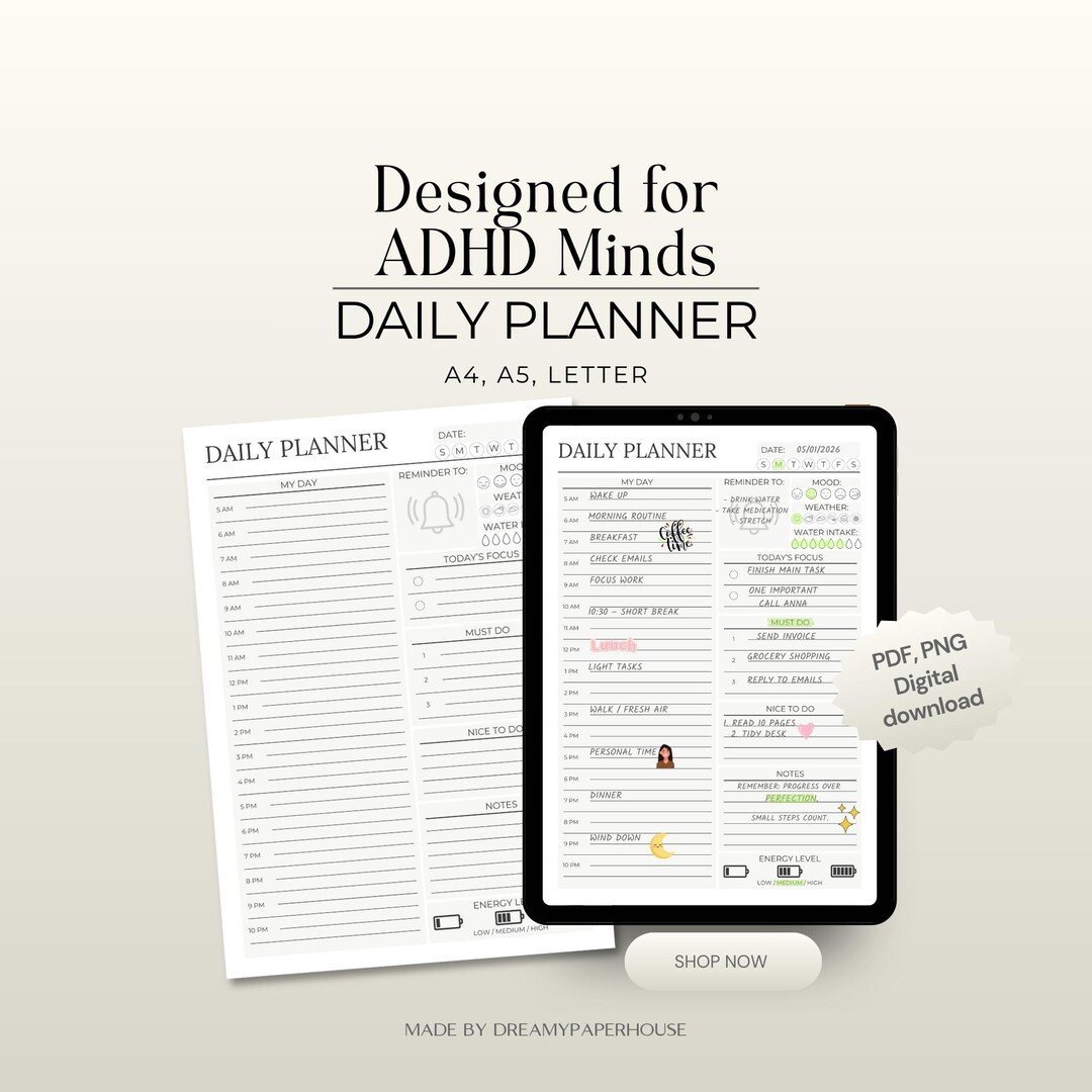 ADHD Daily Planner Printable - Minimal Daily Focus Planner, Minimalist ...