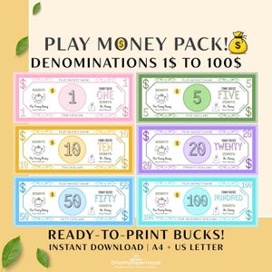 Op de afbeelding: Een verzameling kleurrijke speelgeld biljetten, variërend van $1 tot $100. Elk biljet toont de tekst "PLAY MONEY BANK" en "FUNNY BUCKS", met de denominatie duidelijk weergegeven. Het ontwerp bevat een cartoon varken en de tekst "READY-TO-PRINT BUCKS!"