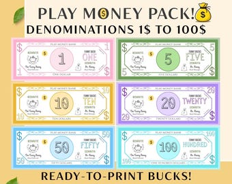 Dinero de juguete imprimible para niños, billetes divertidos para juegos de simulación en el aula (PDF).
