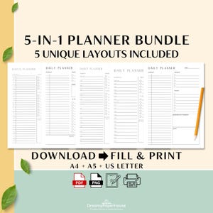 Daily Planner Bundle Printable - 5 Minimalist One Page Layouts, Time Blocking Task Tracker, Productivity Organizer PDF, A4 A5 Letter