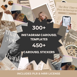 Puede incluir: Una imagen que promociona plantillas y pegatinas de carrusel de Instagram. El gráfico central muestra "300+ Plantillas de carrusel de Instagram" y "450+ Pegatinas de carrusel". La imagen incluye fotos de estilo de vida y superposiciones de texto.