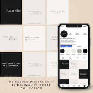 Könnte beinhalten: Eine Sammlung von 15 minimalistischen Zitatkarten in Schwarz und Weiß mit Sätzen wie „Zeigen Sie sich, bevor Sie bereit sind“ und „Jede Marke beginnt mit einer Geschichte“. Ein Smartphone zeigt das Instagram-Profil des Verkäufers.