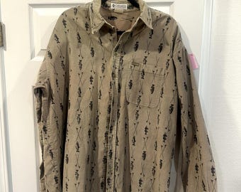 Columbia Corduroy Shirt Fishing Print 90s USA Made Full Print Large Vintage