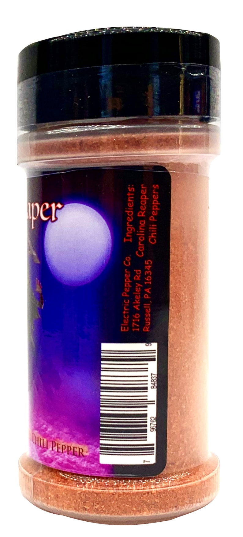 Puede incluir: Un tarro de vidrio lleno de un polvo rojo-marr&oacute;n etiquetado como "Electric Pepper Co. Ingredients: Carolina Reaper Chili Peppers 1716 Akeley Rd Russell, PA 16345"