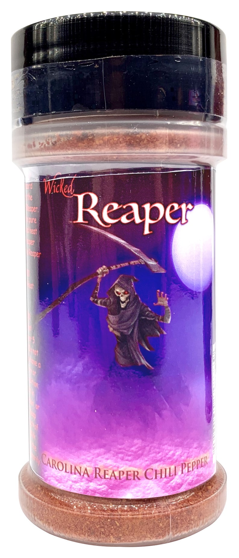 Puede incluir: Un tarro de vidrio con tapa negra lleno de polvo rojo. La etiqueta dice "Wicked Reaper Carolina Reaper Chili Pepper". La etiqueta tambi&eacute;n presenta una imagen de dibujos animados de la Muerte sosteniendo una guada&ntilde;a frente a un fondo morado y azul.