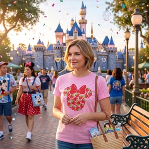A woman in a pink t-shirt with a strawberry design stands in front of a Disney castle, surrounded by other people and colorful confetti.