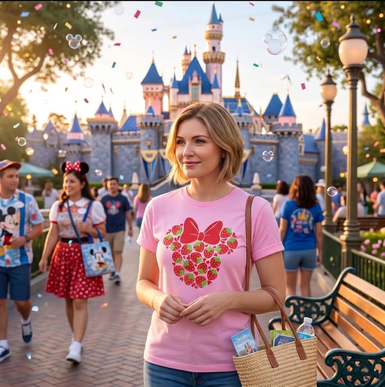 A woman in a pink t-shirt with a strawberry design stands in front of a Disney castle, surrounded by other people and colorful confetti.