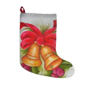 Gold Bells with Red Bow Christmas Stocking | Holiday Stocking