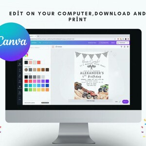 May include: A computer screen showing a Canva design for a monster truck-themed birthday invitation. The design includes monster truck illustrations, the text "Boom! Crash! It's Monster Truck Bash!" and details for Alexander's 5th birthday.