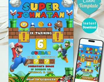 Super Mario Editable Birthday Invitation, Canva Template