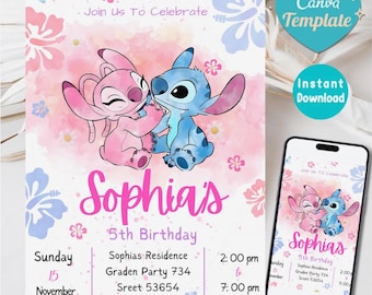 Stitch and Angel Birthday Invitation, Editable Stitch Birthday Invitation, Digital Party Invite, Stitch Birthday Party Invitation Printable
