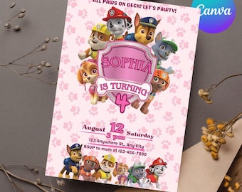Editable Paw-ty Birthday Invitation Template, Kids Party Invitation, Puppy Patrol Pup Boys & Girls Bday, Instant Download