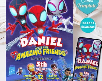 Spidey and Friends Birthday Invitation, Editable Canva Template (Digital Download)