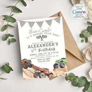 May include: A monster truck-themed birthday invitation. The design includes illustrations of monster trucks in orange, red, and green. Text reads "Boom! Crash! It's Monster Truck Bash!" and details for Alexander's 5th birthday.