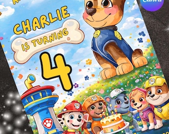 Editable Paw-ty Birthday Invitation Template, Kids Party Invitation, Puppy Patrol Pup Boys & Girls Bday, Instant Download