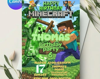Editable Pixel Birthday Invitation Block Party Invite Gamer Birthday Invitation for Boys Pixel Theme Digital Template Canva Download