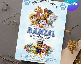 Editable Paw-ty Birthday Invitation Template, Kids Party Invitation, Puppy Patrol Pup Boys & Girls Bday, Instant Download