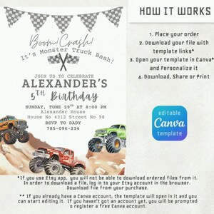 May include: Birthday party invitation featuring monster trucks and the text "Boom! Crash! It's Monster Truck Bash!" for Alexander's 5th birthday. Includes a Canva template logo and instructions.