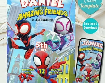 Spidey and Friends Birthday Invitation, Editable Canva Template (Digital Download)